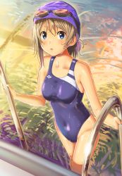 Rule 34 | 1girl, blue eyes, blue one-piece swimsuit, breasts, brown eyes, competition swimsuit, covered navel, cowboy shot, goggles, goggles on head, looking at viewer, love live!, love live! sunshine!!, medium breasts, one-piece swimsuit, poligon (046), pool, pool ladder, short hair, solo, swim cap, swimsuit, wading, watanabe you, water, wet, wet clothes, wet swimsuit