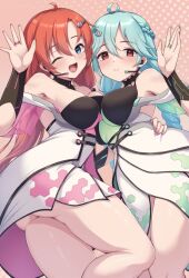 Rule 34 | 2girls, ahoge, aqua hair, bare shoulders, blue eyes, blush, breasts, brown eyes, dress, floral print, gloves, hair ornament, hairclip, highres, large breasts, long hair, looking at viewer, multiple girls, no panties, one eye closed, partially fingerless gloves, red hair, shinonome kokona, shinonome natsuhi, shun (b.c), siblings, simple background, sisters, sound voltex, twins, white dress