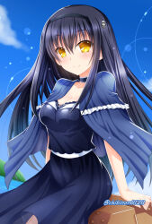 Rule 34 | 1girl, arm support, arms at sides, black choker, black dress, black hair, black hairband, blue capelet, blue sky, blush, bone hair ornament, breasts, capelet, chibinon, choker, cleavage, closed mouth, collarbone, commentary request, cowboy shot, day, dress, floating clothes, floating hair, frilled capelet, frilled choker, frills, hair between eyes, hair ornament, hairband, kushima kamome, large breasts, lens flare, long hair, looking at viewer, outdoors, sitting, skull and crossbones, skull hair ornament, sky, smile, solo, straight hair, suitcase, summer pockets, twitter username, very long hair, yellow eyes