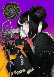 Rule 34 | 1girl, absurdres, black flower, black hair, black jacket, black rose, black skin, bob cut, closed mouth, colored skin, copyright request, flower, from side, gradient background, hair flower, hair ornament, highres, jacket, jewelry, korean commentary, long sleeves, looking at viewer, looking to the side, microphone, microphone stand, multicolored hair, multiple rings, orange background, pigeon666, purple background, red eyes, ring, rose, solo, streaked hair, two-tone background, two-tone hair, white hair, white skin