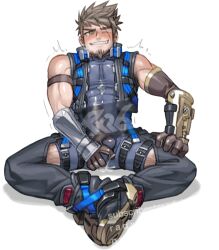 Rule 34 | 1boy, aged up, bara, black bodysuit, blue shirt, blur censor, blush, bodysuit, bracer, bulge, censored, chest belt, clothing cutout, covered abs, covered penis, cum, cum in clothes, cum on body, cum on male, cum on pectorals, cum through clothes, erection, erection under clothes, facial hair, full body, goatee, heart, heart-shaped pupils, leg belt, light brown hair, looking at viewer, male focus, male masturbation, masturbation, masturbation through clothes, muscular, muscular male, one eye covered, paid reward available, pectorals, radx26, rex (xenoblade), scar, scar across eye, shirt, shoes, short hair, sitting, solo, spiked hair, spread legs, stubble, symbol-shaped pupils, thigh cutout, trembling, xenoblade chronicles (series)