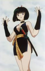 Rule 34 | 1girl, anime screenshot, bare legs, black hair, breasts, choker, cleavage, dress, eyeshadow, female focus, hairband, hairy, highres, inuyasha, japanese clothes, kimono, light smile, lipstick, makeup, medium breasts, no bra, no panties, red eyes, sakasagami no yura, screencap, short dress, short hair, short kimono, sky, solo, standing, sword, thighs, third-party edit, weapon