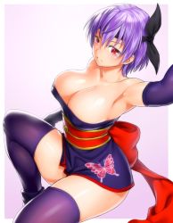 Rule 34 | 1girl, arm up, armpits, ayane (doa), black thighhighs, boots, breasts, cleavage, dead or alive, elbow gloves, gloves, headband, large breasts, ninja gaiden, onsoku inu, pink background, purple footwear, purple hair, purple thighhighs, red eyes, short hair, solo, thighhighs, thighs