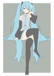 Rule 34 | 1girl, absurdres, bad id, bad twitter id, bare shoulders, black footwear, black skirt, blue eyes, blue hair, blue necktie, boots, border, closed mouth, detached sleeves, donguri suzume, green background, grey shirt, hair between eyes, hand up, hatsune miku, highres, long hair, long sleeves, looking at viewer, necktie, pleated skirt, shirt, simple background, sitting, skirt, sleeveless, sleeveless shirt, smile, smug, solo, thigh boots, thighhighs, twintails, very long hair, vocaloid, white border