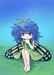 Rule 34 | 1girl, 216, antennae, aqua hair, bare legs, barefoot, blush, butterfly wings, closed mouth, dress, eternity larva, fairy, full body, green dress, green eyes, hair between eyes, insect wings, leaf, leaf on head, multicolored clothes, multicolored dress, short hair, single strap, smirk, solo, touhou, wings