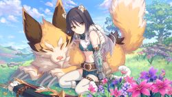 Rule 34 | 1girl, animal, animal ears, arrow (projectile), bare shoulders, bow, cygames, earrings, flower, jewelry, midriff, official art, princess connect!, quill, shiori (princess connect!), sitting, tail, thighhighs, tiger ears
