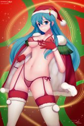 Rule 34 | 1girl, ass, bikini, bikini top only, blush, breasts, christmas, covered areolae, covered erect nipples, eirika (fire emblem), female focus, fire emblem, fire emblem: the sacred stones, garter straps, gluteal fold, hat, highres, intelligent systems, large breasts, lips, nintendo, nipples, pussy, red bikini, santa hat, see-through, see-through bikini, side-tie bikini bottom, solo, swimsuit, tagme, thick thighs, thighs, zelc-face