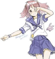 Rule 34 | 1girl, blue ribbon, blush, commentary request, dated, frown, hair ornament, kangoku kou, kantai collection, looking up, lying, on back, one-hour drawing challenge, pink eyes, pink hair, pleated skirt, rabbit, ribbon, rubbing eyes, sailor collar, sazanami (kancolle), school uniform, serafuku, simple background, skirt, solo, tearing up, tears, twintails, twitter username, white background