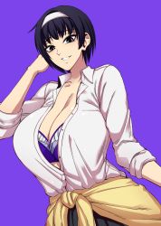 Rule 34 | 1girl, black hair, bra, breasts, cleavage, collared shirt, grin, hairband, highres, huge breasts, looking at viewer, open clothes, open shirt, original, pleated skirt, purple background, purple bra, purple eyes, shirt, short hair, skirt, smile, sweater, tied sweater, unbuttoned, unbuttoned shirt, underwear, white hairband, white shirt, yellow sweater, yugo (yugotme97)