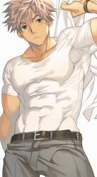 Rule 34 | 1boy, arm up, armpits, bara, belt, black belt, blue eyes, closed mouth, collarbone, covered abs, frown, grey hair, grey pants, hair between eyes, highres, holding, holding clothes, holding shirt, looking at viewer, male focus, muscular, muscular male, original, pants, pectorals, sagami jon, shirt, shirt tucked in, short hair, short sleeves, solo, t-shirt, taut clothes, v-shaped eyebrows, white background, white shirt, wristband