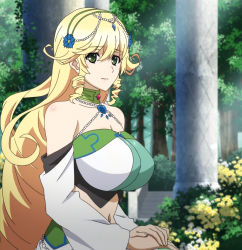 Rule 34 | 10s, 1girl, bare shoulders, blonde hair, breasts, cleavage, collar, female focus, garden, green eyes, hair ornament, highres, huge breasts, jewelry, long hair, looking at viewer, lots of jewelry, madan no ou to vanadis, midriff, navel, screencap, smile, sofya obertas, solo, stitched, third-party edit, very long hair