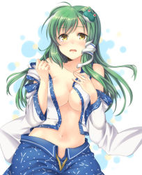 Rule 34 | 1girl, bare shoulders, blush, breasts, cleavage, courreges ace, detached sleeves, face, female focus, frog, green hair, hair ornament, kochiya sanae, long hair, navel, no bra, no panties, off shoulder, snake, solo, tears, touhou, yellow eyes