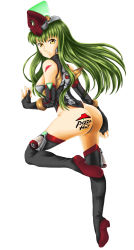 Rule 34 | 1girl, absurdres, armor, ass, bare shoulders, black thighhighs, boots, breasts, c.c., code geass, detached sleeves, drawfag, eamund, fingerless gloves, from behind, gloves, green hair, hat, high heels, highres, long hair, looking back, medium breasts, non-web source, pizza hut, product placement, sideboob, simple background, solo, tattoo, thigh boots, thighhighs, very long hair, white background, yellow eyes