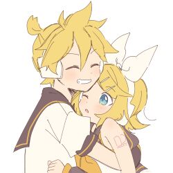 Rule 34 | 1boy, 1girl, bare shoulders, blonde hair, blue eyes, blush, bow, brother and sister, chin rest, hair bow, head on head, head rest, headphones, highres, hug, kagamine len, kagamine rin, m0ti, one eye closed, sailor collar, school uniform, short hair, short ponytail, shoulder blush, siblings, smile, twins, upper body, vocaloid, white bow