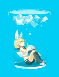 Rule 34 | 1girl, arm warmers, blonde hair, blue eyes, bow, bubble, cup, female focus, glider (artist), grin, hair bow, hair ornament, hairclip, headphones, ice, ice cube, in container, in cup, kagamine rin, leg warmers, midriff, mini person, minigirl, profile, sailor collar, short hair, shorts, sitting, smile, solo, underwater, vocaloid, water