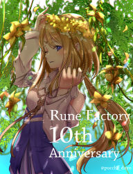Rule 34 | 1girl, anniversary, arm up, blonde hair, chromatic aberration, circlet, dappled sunlight, detached sleeves, flower, hand up, highres, long hair, long sleeves, mist (rune factory), one eye closed, open mouth, petals, ponytail, puchiman, purple eyes, purple skirt, rune factory, rune factory 1, skirt, smile, solo, sunlight, teeth, twitter username, white sleeves, yellow flower