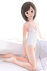Rule 34 | 1girl, bad id, bad pixiv id, bare arms, barefoot, blush, brown eyes, brown hair, child, face, feet, flat chest, full body, kneeling, kokudou juunigou, looking at viewer, one-piece swimsuit, short hair, smile, soles, solo, swimsuit