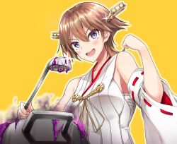Rule 34 | 1girl, akizuki akina, bad food, bandages, brown hair, clenched hand, commentary request, detached sleeves, flipped hair, glint, hairband, headgear, hiei (kancolle), japanese clothes, kantai collection, ladle, nontraditional miko, pot, purple eyes, ribbon-trimmed sleeves, ribbon trim, sarashi, short hair, simple background, solo, yellow background