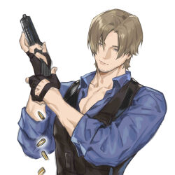 Rule 34 | 1boy, absurdres, blue eyes, blue shirt, brown hair, casing ejection, curtained hair, facial hair, fingerless gloves, gloves, gun, highres, holding, holding gun, holding weapon, leon s. kennedy, male focus, naijarski, pectoral cleavage, pectorals, resident evil, resident evil 6, shell casing, shirt, short hair, solo, stubble, trigger discipline, upper body, vest, waistcoat, weapon, wing shooter