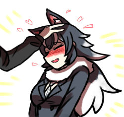 Rule 34 | 10s, 1girl, animal ears, blush, coat, commentary request, disembodied limb, closed eyes, fur collar, grey hair, grey wolf (kemono friends), hand on another&#039;s head, heart, kemono friends, long hair, long sleeves, mira shamaliyy, multicolored hair, necktie, nose blush, upper body, white hair, wolf ears