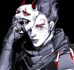 Rule 34 | cyborg, genji (overwatch), looking at viewer, mask, oni genji, overwatch, overwatch 1, red eyes