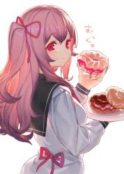 Rule 34 | 1girl, black sailor collar, closed mouth, commentary request, copyright request, eating, food, hair ribbon, holding, izumi sai, long sleeves, looking at viewer, looking back, one side up, pastry, pink hair, plate, red eyes, red ribbon, ribbon, sailor collar, school uniform, serafuku, shirt, solo, white shirt