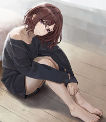 Rule 34 | 1girl, :|, bare legs, bare shoulders, barefoot, black sweater, brown eyes, brown hair, closed mouth, crossed bangs, dress, expressionless, full body, hair between eyes, hair ornament, hairclip, head tilt, highres, higuchi madoka, idolmaster, idolmaster shiny colors, knees up, light blush, looking at viewer, mole, mole under eye, off-shoulder sweater, off shoulder, on floor, short hair, sidelocks, sitting, sleeves past wrists, solo, sweater, sweater dress, toes, wooden floor, yinrain0023