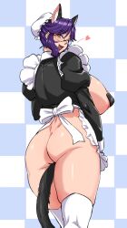 Rule 34 | 1girl, animal ears, ass, bottomless, breasts, cat ears, from behind, glasses, hair up, highres, huge breasts, looking back, maid, maid cap, original, pasties, purple hair, solo, standing, tail, teatime (mike), thighhighs, yellow eyes