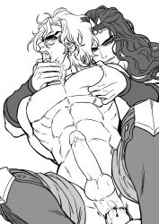 Rule 34 | 2boys, abs, absurdres, anal, battle tendency, bleeding, blood, dio brando, erection, fangs, forced, grabbing, groping, highres, huang lia, jojo no kimyou na bouken, kars (jojo), large pectorals, long hair, male focus, male penetrated, monochrome, multiple boys, muscular, muscular male, nipples, open mouth, pectoral grab, pectorals, sex, stardust crusaders, testicles, vampire, very long hair, yaoi