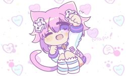 Rule 34 | animal ears, bell, breasts, cat ears, clenched hands, collar, hair ornament, hairclip, happy, hood, hoodie, leggings, mi3li, neptune (neptunia), neptune (series), open mouth, parka, purple eyes, purple hair, short hair, small breasts, tail, thighhighs, thighs