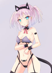 Rule 34 | 1girl, animal ear fluff, animal ears, bare shoulders, black collar, black panties, black thighhighs, blue eyes, blush, breasts, cat ears, chiyoda momo, cleavage, collar, collarbone, commentary request, detached collar, fake animal ears, groin, heart, highleg, highleg panties, highres, hizaka, looking at viewer, machikado mazoku, medium breasts, navel, panties, parted lips, pink hair, pubic tattoo, solo, sweat, tail, tattoo, thighhighs, two side up, underwear, wing collar, wrist cuffs