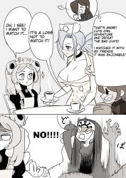 Rule 34 | 4girls, absurdres, apron, bloody marie (skullgirls), breasts, choker, cleavage, comic, cup, double (skullgirls), eating, english text, food, food on face, frilled apron, frills, grey hair, greyscale, hair ornament, hat, highres, maid headdress, mask, monochrome, mouth mask, multiple girls, no headwear, no headwear, nun, nurse cap, parasoul (skullgirls), patch (white tofu), peacock (skullgirls), plate, ponytail, sharp teeth, short hair, skull hair ornament, skullgirls, smile, sparkle, speech bubble, surgical mask, teacup, teeth, thought bubble, twintails, valentine (skullgirls)