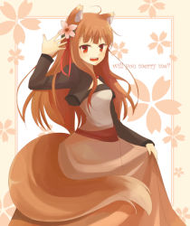 Rule 34 | 00s, 1girl, animal ears, bad id, bad pixiv id, brown hair, chocho (homelessfox), dress, english text, engrish text, fang, flower, holo, long hair, ranguage, red eyes, skirt, solo, spice and wolf, tail, wolf ears, wolf tail