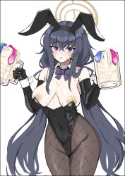 Rule 34 | 1girl, absurdres, alternate breast size, alternate costume, animal ears, areola slip, black hair, black leotard, blue archive, blue eyes, blush, bow, bowtie, breasts, breasts apart, condom, cowboy shot, cum, cum in container, cum in cup, cup, detached collar, elbow gloves, fake animal ears, fishnet pantyhose, fishnets, gatyo 5, gloves, hairband, halo, heart, heart pasties, highleg, highleg leotard, highres, holding, holding cup, large breasts, leotard, long hair, looking at viewer, messy hair, mug, multiple condoms, open mouth, pantyhose, pasties, playboy bunny, rabbit ears, simple background, solo, standing, strapless, strapless leotard, sweat, sweatdrop, ui (blue archive), undersized clothes, used condom, white background, wrist cuffs