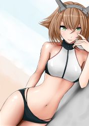 Rule 34 | 10s, 1girl, alternate costume, arm behind back, bare legs, bare shoulders, breasts, brown hair, commentary request, finger to face, green eyes, hair between eyes, headgear, highres, honeusagi, kantai collection, looking at viewer, mutsu (kancolle), navel, noli-pee (little stupid), shadow, shiny clothes, shiny skin, short hair, simple background, smile, solo, zipper