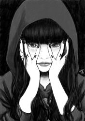 Rule 34 | 1girl, archived source, blunt bangs, body writing, expressionless, greyscale, hands on own face, highres, hood, hood up, hoodie, key (kagibangou), long hair, looking at viewer, looking through fingers, monochrome, original, simple background, solo, straight-on, upper body
