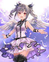 Rule 34 | 10s, 1girl, :d, angel wings, bare arms, bare shoulders, belt, black thighhighs, cowboy shot, dress, drill hair, feathers, fukahire (ruinon), grey hair, hair ornament, hat, idolmaster, idolmaster cinderella girls, kanzaki ranko, looking at viewer, mini hat, mini top hat, open mouth, red eyes, ribbon, ribbon-trimmed legwear, ribbon trim, smile, solo, thighhighs, thighs, top hat, twin drills, white dress, wings, wrist cuffs, wrist ribbon, zettai ryouiki