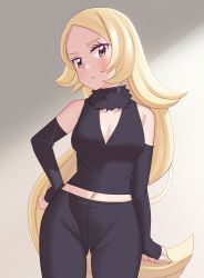 Rule 34 | 1girl, aged down, bare shoulders, black pants, black shirt, blonde hair, blush, breasts, closed mouth, collarbone, commentary request, creatures (company), cynthia (pokemon), detached sleeves, eyelashes, frown, fur collar, game freak, gazing eye, grey eyes, hand on own hip, highres, long hair, looking at viewer, navel, nintendo, pants, pokemon, pokemon (anime), pokemon journeys, shirt, sleeveless, sleeveless shirt, solo, sweatdrop, v-neck, very long hair