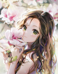 Rule 34 | 1girl, anzumame, artist name, blurry, blurry background, bokeh, branch, brown hair, chromatic aberration, closed mouth, commentary request, depth of field, flower, green eyes, holding, holding branch, leaf, light rays, long hair, looking at viewer, orchid, original, pink flower, plant, signature, sleeveless, solo, sunlight, turtleneck, wavy hair