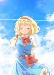 Rule 34 | 1girl, :&gt;, alice margatroid, arnest, blonde hair, blue dress, blue sky, blush, bow, bowtie, breasts, closed eyes, cloud, commentary request, contrail, cowboy shot, day, dress, facing viewer, frilled hairband, frills, hairband, hand up, highres, large breasts, lens flare, lolita hairband, outdoors, petticoat, pinafore dress, puffy short sleeves, puffy sleeves, red bow, red bowtie, red hairband, red sash, sash, shirt, short hair, short sleeves, sky, sleeveless dress, smile, solo, standing, touhou, white shirt, wrist cuffs