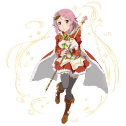 Rule 34 | 1girl, boots, breasts, brown footwear, cape, cleavage, dress, full body, grey thighhighs, hair ornament, highres, holding, holding staff, leg up, lisbeth (sao), looking at viewer, medium breasts, midriff, navel, open mouth, pink hair, red dress, red eyes, short dress, short hair, solo, staff, standing, stomach, sword art online, thighhighs, transparent background, zettai ryouiki