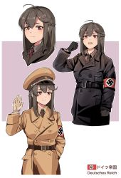 Rule 34 | 1girl, absurdres, ahoge, armband, belt, black coat, black gloves, black hair, braid, brown coat, brown gloves, buttons, closed mouth, coat, collared shirt, double-breasted, french braid, german text, germany, gloves, hair ornament, hairpin, hat, highres, light frown, light smile, medium hair, military, military hat, military uniform, multiple views, nazi, necktie, open mouth, original, overcoat, peaked cap, red eyes, red neckwear, shirt, sidelocks, standing, swastika, translated, unicron (brous), uniform, waving, world war ii