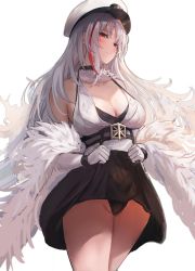 Rule 34 | 1girl, azur lane, bare shoulders, black panties, black skirt, blush, breasts, cleavage, closed mouth, clothes lift, commentary, cowboy shot, detached sleeves, english commentary, fur collar, fur shawl, gloves, hat, highres, large breasts, liaowen, lifting own clothes, long sleeves, looking at viewer, multicolored hair, panties, peaked cap, red eyes, red hair, shawl, silver hair, skirt, skirt lift, solo, streaked hair, tallinn (azur lane), thighs, two-tone hair, underbust, underwear, white gloves, white hat