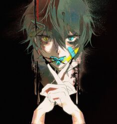 Rule 34 | 1boy, bandaid, bandaid on cheek, bandaid on face, black background, blue eyes, covered mouth, crossed fingers, ensemble stars!, green hair, hairpin, heterochromia, highres, kagehira mika, looking at viewer, male focus, multiple hairpins, neizangxia, short hair, simple background, slit pupils, solo, yellow eyes