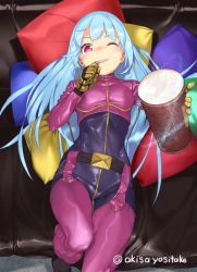 Rule 34 | 1girl, akisa yositake, belt, blue hair, bodysuit, breasts, food, gloves, ice cream, kula diamond, long hair, looking at viewer, open mouth, red eyes, smile, solo, the king of fighters