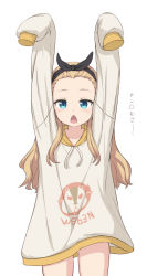 Rule 34 | 1girl, absurdres, arms up, black hairband, black ribbon, blonde hair, blue eyes, blush, collarbone, commentary request, cowboy shot, drawstring, forehead, hair ornament, hair ribbon, hairband, highres, hood, hood down, hoodie, kurumi (lycoris recoil), long hair, looking at viewer, lycoris recoil, open mouth, oversized clothes, print hoodie, ribbon, sidelocks, simple background, sleeves past fingers, sleeves past wrists, solo, squirrel print, standing, takasuma hiro, translation request, white background, white hoodie