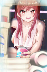 1girl breasts can commentary_request gradient_hair highres holding holding_can hololive hololive_dev_is ichijou_ririka large_breasts long_hair multicolored_hair nail_polish open_mouth orange_eyes orange_hair panties pink_hair pink_nails pink_panties refrigerator refrigerator_interior solo swept_bangs topless towel towel_around_neck underwear virtual_youtuber wet wet_hair yappy_(yapis_company)