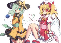 Rule 34 | 2girls, bad id, bad twitter id, beni kurage, black footwear, blonde hair, blush, bow, commentary request, finger to mouth, flandre scarlet, frills, green eyes, green hair, green sash, hair bow, hat, hat bow, heart, heart of string, highres, komeiji koishi, long sleeves, looking at viewer, mary janes, mob cap, multiple girls, one eye closed, petticoat, pink sash, puffy short sleeves, puffy sleeves, red bow, red eyes, red footwear, sailor collar, sash, shirt, shoes, short hair, short sleeves, side ponytail, simple background, sitting, socks, third eye, touhou, unfinished, white background, white legwear, wide sleeves, wrist cuffs, yellow bow, yellow neckwear, yellow shirt