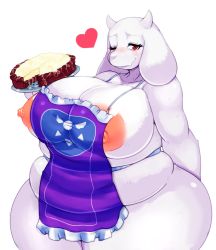 Rule 34 | 1girl, animal ears, apron, breasts, fangs, fat, food, furry, furry female, gigantic breasts, goat ears, horns, large areolae, mato spectoru, mature female, naked apron, nipples, pie, plump, solo, thick thighs, thighs, toriel, tray, undertale, wide hips