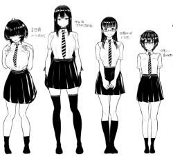 Rule 34 | 4girls, black hair, breasts, choker, commentary request, glasses, greyscale, hair between eyes, hair over eyes, height difference, large breasts, long hair, medium breasts, meme, miyamoto issa, mole, mole under eye, monochrome, multiple girls, original, school uniform, shirt, short hair, simple background, skirt, small breasts, smile, socks, tall female, thighhighs, translation request, white background